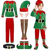 Hallojojo Weihnachtself Kostüm für Jungen Set 7-teiliges Elf Kostüm Weihnachten Elf Verkleidung Kinder Elfenkleidung Halloween Karneval Party Performance Weihnachten Kostüm Fancy Dress