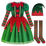 ReliBeauty Weihnachtself Kostüm Kinder Mädchen Xmas Elf Weihnachtskleid mit Elfenhut und Socken,110