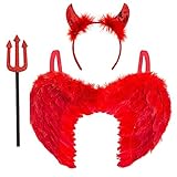 Redstar 3-teiliges Teufelskostüm für Damen, Rote Engelsflügel, Teufelshörner Teufelgabel |Halloween kostüm Damen | Fasching, Mottopartys und Karneval | Teufelszubehör | Kostümidee | Teufel Accessoire