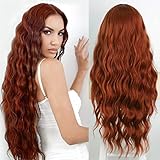Damen Lang Auburn Kastanien Braun Gewellte Perücken, TANTAKO Lange Kupfer Rote Kunsthaar perücke mit Kleiner Lace, Rot Braun Halloween Cosplay Perücke (380 Kupferrote)