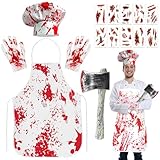 GreenYeah Metzger Kostüm Halloween Set, Blutige Schürze Verkleiden Metzger Kostüm mit 1 Blutige Schürze, 2 Handschuhen, 1 Hut, 1 Axt, 10 Narben Wunden Aufkleber für Halloween Fasching Karneval
