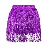 Soudittur Quasten Paillettenrock Damen Glitzer Rock Damen Steampunk Quastenrock Bauchtanz Hüftschal Karneval Fransen Rave Outfit Kostüm Lila