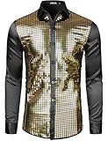 JOGAL Herren Pailletten Hemd 70er Langarm Disco Party Kostüm X-Large Gold