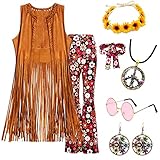 60er 70er Jahre Hippie Kostüm Damen Set mit Fransenweste Schlaghose Damen 70er Hippie Accessoires Hippie Kleidung Damen Kostüm 70er Jahre Bekleidung Damen Disco Outfit Faschingskostüm Mädchen (L)