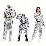 Rouingdd Astronaut Kostüm, Astronauten Kostüm Damen Herren Kinder Familie Set Outfits Silber Raumfahrer Weltall Jumpsuit inkl. Overall, Gürtel, Brillen Spaceman Karneval Cosplay Faschingskostüme