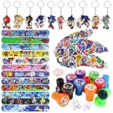 84 PCS Hedge-hog Party Mitgebsel, Soni Kindergeburtstag Mitgebsel Kinder, 12 Slap Armbänder Clap Bracelets, 12 Stempel, 50 Aufkleber, 10 Schlüsselanhänger, Soni Geburtstag Geschenk Deko