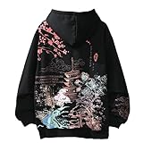 Damen Herren Ästhetischer japanischer Sakura Hoodie, Y2K Anime Harajuku Tuch koreanische Kapuze Langarm Sweatshirt für Winter Herbst, Schwarz, Large