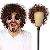 UILYNIU Herren Braun Herrenperücke Locken Hippie Kostüm Perrücke Mit Schnauzbart und Sonnenbrille, 70er 80er Jahre Afro Perücke Männer, Disco Dude Punk Perücke für Herren Cosplay Halloween (Braun)