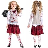 Halloween Kostüm Zombie Mädchen,Zombie Kostüm Kinder mit Meteorhammer Requisiten,5-12 Jahre Gruselige Zombie Cheerleader Kostüm Mädchen Horror für Halloween Karnevals Cosplay