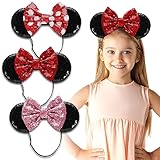 Minnie Ears Stirnbänder, 3 Stück Glänzende Paillettenschleife - Minnie Ohren - Elastisches und verstellbares Stirnband Kopfschmerzenfrei - Mäuseohren für Mädchen und Frauen (Classic)