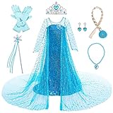 LOBTY Mädchen ELSA Prinzessin Kleid mit Accessoires Schneekönigin Verkleidung Kinder Prinzessin Kleid Halloween Karneval Geburtstag Party Weihnachten Cosplay Kostüm