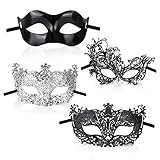 GWAWG Maskerade-Maske, 4 Stück, schwarz, silberfarben, filigran, schwarze Spitze, klassischer Zorro-Stil, sexy venezianische Party-Verkleidung, Zubehör für Männer und Frauen, Paare