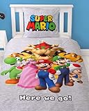 Bettwäsche 135x200 Flanell, Biber, Nintendo Super Mario, kuschelig weich für Winter, 1x Kissenbezug 80x80 + Bettbezug 135x200, 100% Baumwolle, Kinderbettwäsche Gaming
