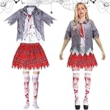Zombie Schulmädchen Kostüm, Halloween Zombie Kostüm Damen, Schulmädchen Kostüm Halloween mit Graue Jacke, Kariertem Rock, Krawatte und Socken, Zombie Kostüm Mädchen für Halloween Fasching Karneval