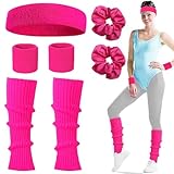 LEOEASIY 80er Jahre Accessoires, 80er Jahre Outfit Damen Accessoires, Pink Schweißband Set mit Haarband Sport, Wristbands, Beinstulpen, Karneval Kostüme Zubehör für 80er Jahre Thema Partyzubehör