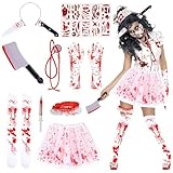 HUIKUANGEU Blutbefleckt Weiß Langarm Kleid,Blutige Krankenschwester Kostüm,Karneval Blut Kostüm Damen Set,Tutu-Röcken,Schaurige Krankenschwester Zombie,Kostüm Zombie Krankenschwester