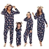 OEAK Weihnachts Schlafanzug Familie Einteiler Onesie Weihnachtspyjama Jumpsuit mit Kapuze und Reißverschluss Hausanzug für Damen Herren Kinder Baby,Unisex Kinder-Marine Elch,8 Jahre