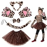 SHOWHEEL Leoparden Kostüm Kinder 6 Stück, Tierkostüm Kinder mit Leopardenohren, Katzenschwanz, Krawatte, Handschuhe, Leopard Verkleiden Set für Karneval Halloween Motto Party, Brown