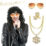 DIKARIYA Rocker Outfit Herren, Hip Hop Herren Kostüm Set Rock Star 70er 80er 90er Jahre, Gangster Herren Rockstar Kostüm für Männer Frauen, 70er Jahre Wig Perücke für Herren Halloween Mottoparty
