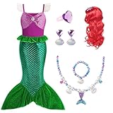 AOOWU Meerjungfrau Kostüm Mädchen, 6-Teiliges Set Meerjungfrau Kleid Mädchen Arielle Prinzessin Kostüm mit Zubehör, Kostüm Kinder für Karneval Party Halloween Weihnachten Cosplay