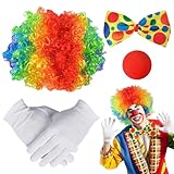 Clown Perücke Kinder, 4 Stück Clown Kostüm Accessoire, Clown Kostüm, Fasching Karneval Kostüme für Kinder Damen Herren, Clown Kostümzubehör, Clown Lockenperücke,Clownsnase,Bunte Krawatte,Handschuhe