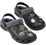 Disney Star Wars Winter Clogs Herren, Fleece-Pantoffeln mit Abnehmbaren Pins, Plüsch Hausschuhe Herren & Teenager (Schwarz, 42/43 EU)