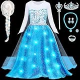 LED Leuchtend Elsa Kostüm Mädchen Eiskönigin Prinzessin Kleid mit Elsa Perücke Prinzessin Krone Faschingskostüm Weihnachten Geburtstag Halloween Kostüm Karneval Verkleidung Kinder (120, 5-6 Jahre)