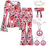 YADODO Hippie Kleidung Damen Set mit Hippie Oberteil Schlaghose Damen Accessoires 60er 70er Bekleidung Damen Hippie Kostüm Damen Disco Outfit 70er Mode Flower Power Kleidung Damen Faschingskostüm(L)