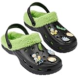 RICK AND MORTY Winter Clogs Herren, Fleece-Pantoffeln mit abnehmbaren Pins, Plüsch Hausschuhe Herren & Teenager(Schwarz/Grün, 42/43 EU)