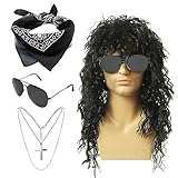 SKHAOVS 4 Stück Rock Kostüm Set 60/70/80er Disco Perücke Hippie Perücke Erwachsene Hippie Kostüm Lockige Perücke Sonnenbrille Bandana Kreuz Halskette Rock Perücke für Mottoparty Halloween