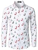 JOGAL Herren Funky Christmas Print Weihnachtsmann Hemd Langarm Button Up Freizeithemd Weiß X-Large