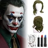 Joker Perücke Herren Grün mit Joker Tattoos Suicide Squad,Rot Weiß Blau Make-up Gesichtsfarbe und Schwarze Haarnetz,Perücke Joker Grün für Fasching Halloween Karneval Kostüm