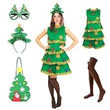 Goloxou 5 Teiliges Weihnachtsbaum Kostüm für Frauen Weihnachtsbaum Kleid Set mit Brille Tasche Socken Stirnband für Erwachsene Urlaub Cosplay (M)