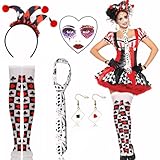Johiux Herzkönigin Kostüm,Karneval Kostüm Damen,Spielkarten Pik und Herz Ohrringe,Magische Spielkarten Krawatte,Joker Haarband Gesicht Strass Damen Mardi Gras Make Up Accessoire für Mardi Gras Party.