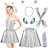 SelfTek Alien Kostüm Set, 5 Stück Alien Kostüm Space Girl Kostüm Damen, Alien Haarreif Alien Brille Weltall Karneval Costume, für Damen Halloween Cosplay Maskerade Fasching