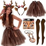 YKHSUAOU Damen Geweih Kostüm, Tüllrock Kaffee Tutu Rock + Geweih Haarreif + Rentier Gesicht Tattoos für Fasching Karneval Mottoparty Reh Kostüm Accessoires