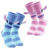 Disney Damen Socken, 2er Set Kuschelsocken Damen Flauschig mit ABS Stitch und Angel (Pink/Blau Streifen)