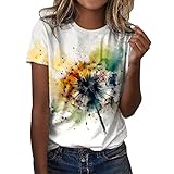 Oberteile Sommer Tshirt Damen Kurzarm Batik Bunte Blumen Drucken T-Shirt Bluse mit Rundhals Tee Tops Teenager Mädchen Tunika Shirt T Shirts Longbluse für Frauen,Gelb,L