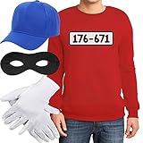Panzerknacker Banditen Bande Kostüm Herren Pulli + MÜTZE + Maske + Handschuhe Sweatshirt Medium Rot