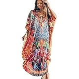Lazz1on Damen Kaftan Strandkleid Pareo Blumendruck Kimono Maxi Langes Kleid Tunika Ethnischer Maxikleid Bikini Coverups