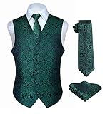 Hisdern Manner Paisley Floral Jacquard Weste & Krawatte und Einstecktuch Weste Anzug Set, Grün und Lila, Gr.-L (Brust 46 Zoll)