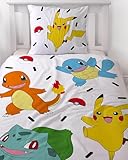 Bettwäsche 135x200 Flanell, Biber, Pokemon Pikachu, kuschelig weich für Winter, 1x Kissenbezug 80x80 + Bettbezug 135x200, 100% Baumwolle, Kinderbettwäsche Gaming