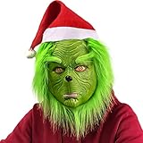 MULEVIP Grinch Maske Erwachsene,Grinch Kostüm,Grinch Maske,Weihnachten Kopfbedeckung Latex Performance Requisiten(Pelzige Grüne Weihnachtsmannmaske + Rotem Hut)