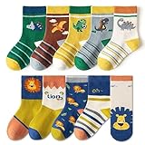 FedMois 10er Pack Kinder Socken Jungen Mädchen Strümpfe Baumwolle, Löwe und Dinosaurier, Gr. 23-26