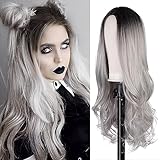 Perücke Damen Perücke Ombre Grau 65cm Lang Wellig Perücken für Frauen Halloween Fasching Kostüme Party Vampir Cosplay Wig VD066A