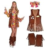 Morph Hippie Damen Kleid, Damen Kostüm Hippie, Zeitreise Kostüm Damen, Schlagermove Outfit Damen, 70er Mottoparty, Hippie Kostüm Damen, Schlager Outfit Damen - L