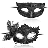 Aomig Venezianische Maske, 2 Stück Maskerade Augenmaske für Damen Herren, Sexy Katzenmaske Masken für Fasching Maskenball Karneval Abendkleid Party (Schwarz)