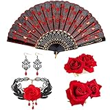 DRESHOW Haarspange mit Rosenblume Bestickt Faltbar Fächer-Ohrringe Haarschmuck für Damen Flamenco Tänzerin