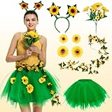 BuzzoXerex Sonnenblumen Kostüm Set Damen, Sonnenblumen Tutu Skirt Damen mit Sonnenblumen Haarschmuck für Karneval Halloween Fasching Mottoparty (Grüner, M)