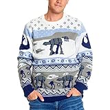 Elbenwald Strickpullover mit Star Wars Schlacht auf Hoth Norwegermuster im winterlichen Design mit at-at und at-ST in grau, blau, weiß - M